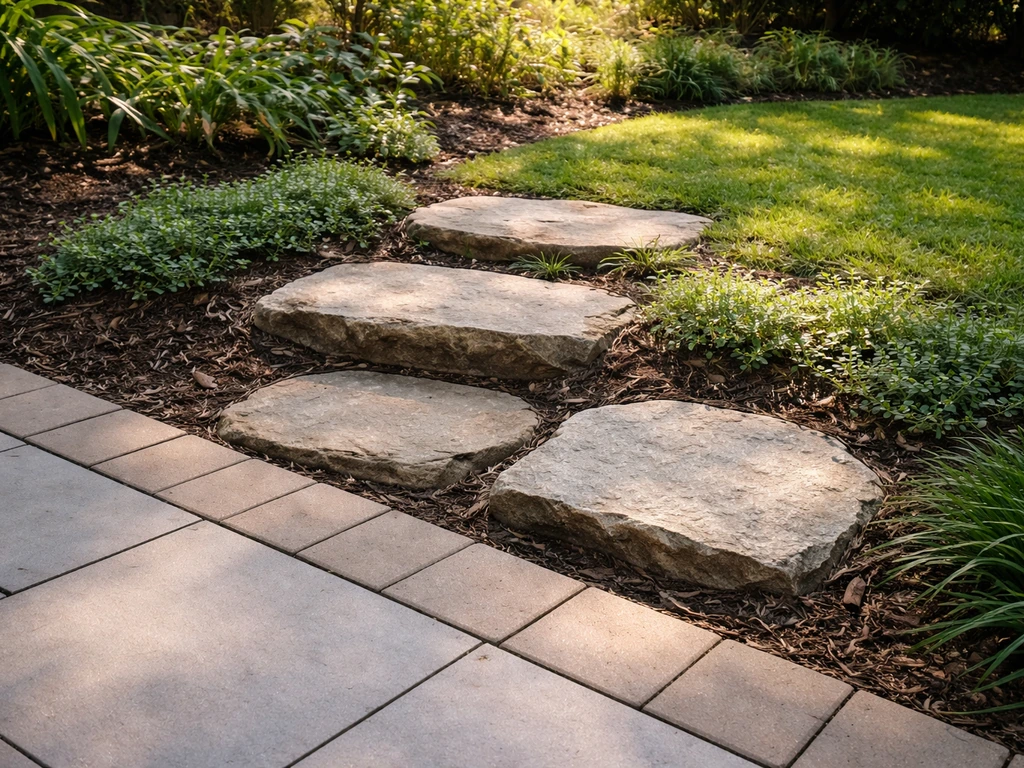 Stepping stones create a small transition from a patio edge down into a garden walkway.