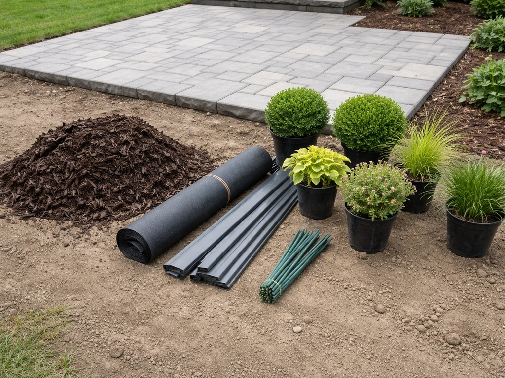 Mulch, edging, landscape fabric, and small plants laid out beside a patio border on the ground.