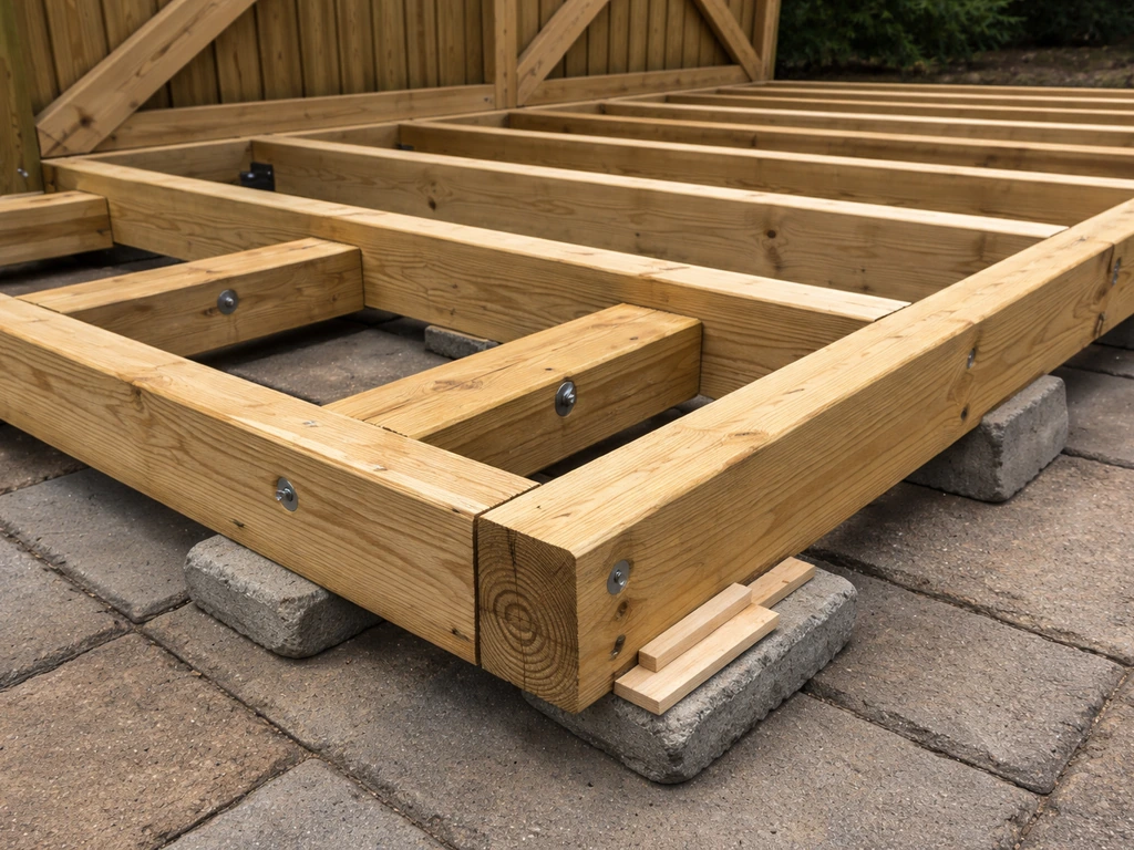 Close view of deck framing with sleepers, leveled joists with shims, and diagonal bracing on a patio.