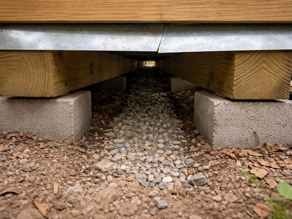 Underside of a deck showing sleeper gaps and metal flashing for moisture drainage