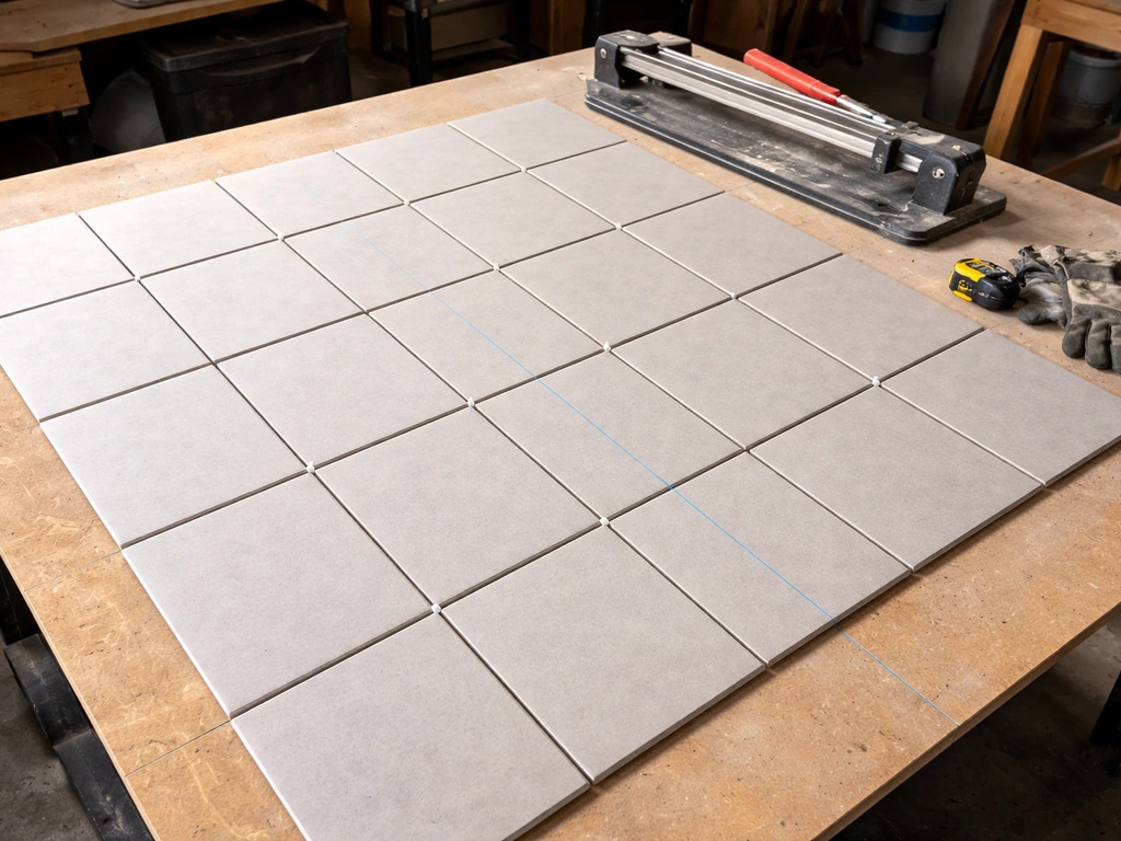 Dry tile layout on a work table with center chalk line markings and tiles aligned before mixing thinset