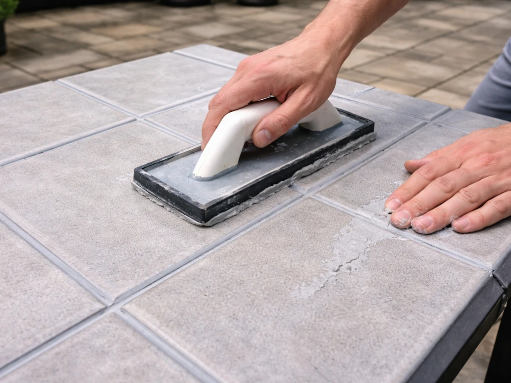 Hands using a grout float to apply epoxy grout into tile joints on a partially finished tabletop.