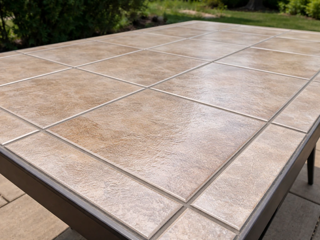 Sealed outdoor tile tabletop with crisp grout lines and a protective finish, ready for harsh weather