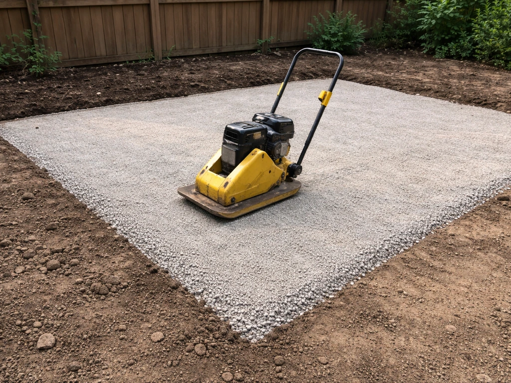Plate compactor vibrating on compacted gravel base with a clear subgrade-to-base boundary.