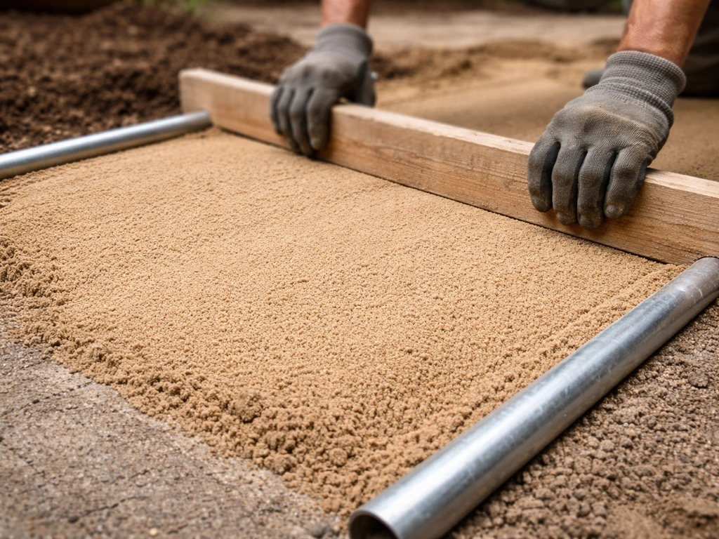 Gloved hands screeding bedding sand between two rails with a straight board for paver installation