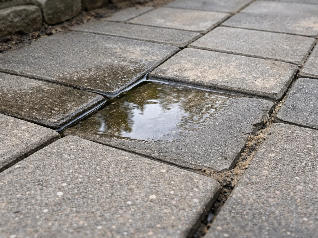 Close-up of a patio paver edge with water pooling and shifted joints, showing poor slope and failing sand.