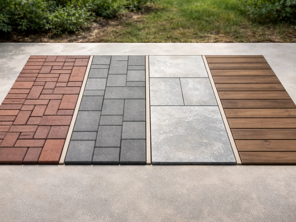 Four patio material samples—brick, concrete, stone, and wood decking—laid out for side-by-side comparison.