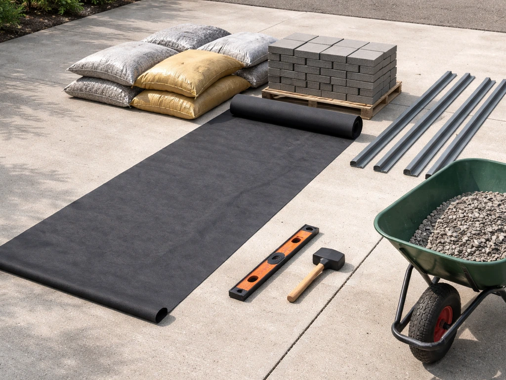DIY patio materials and tools laid out neatly: geotextile, gravel base, edging, pavers, sand, level and mallet.