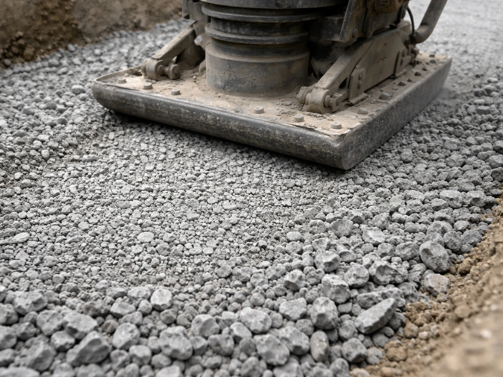 Plate compactor pressing fresh crushed gravel to compact a sub-base layer, showing the footprint.