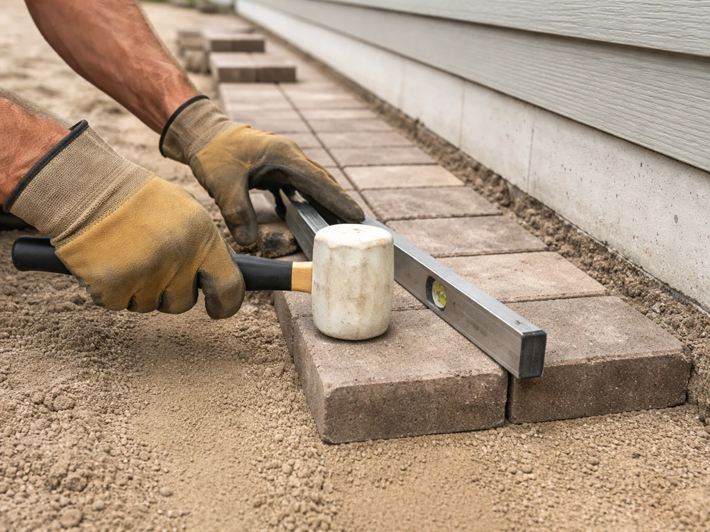Construction worker placing brick pavers near a straight edge, tapping with a rubber mallet and checking alignment.