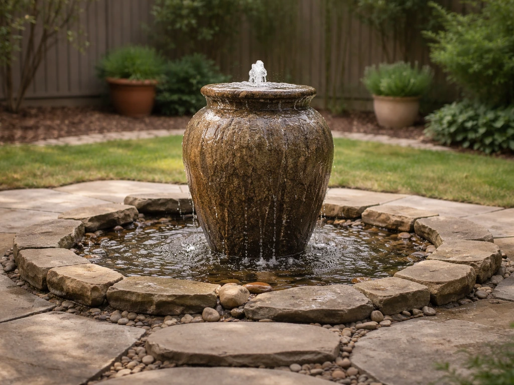 Urn-style DIY fountain on a backyard patio with visible flowing water and stone edging.