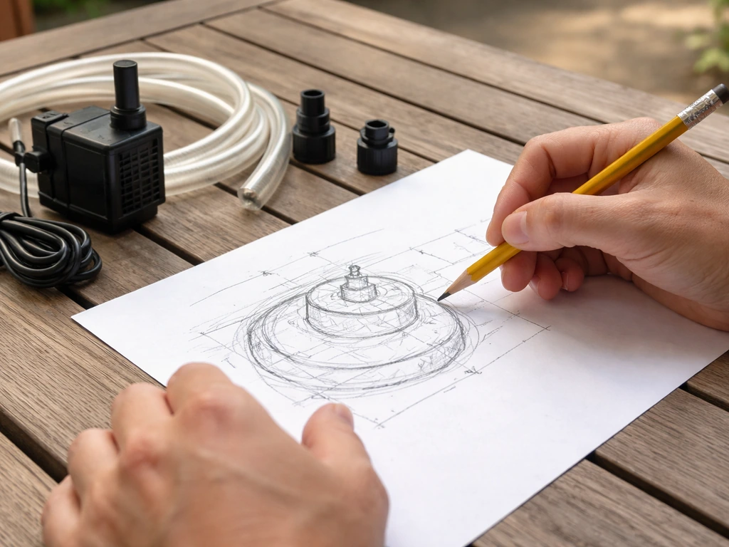 Hands sketch a patio fountain plan on paper with pencil, pump parts on a wooden table nearby.