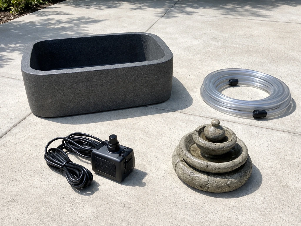 Four patio fountain components—basin, pump, tubing, and decorative centerpiece—laid out separately for assembly