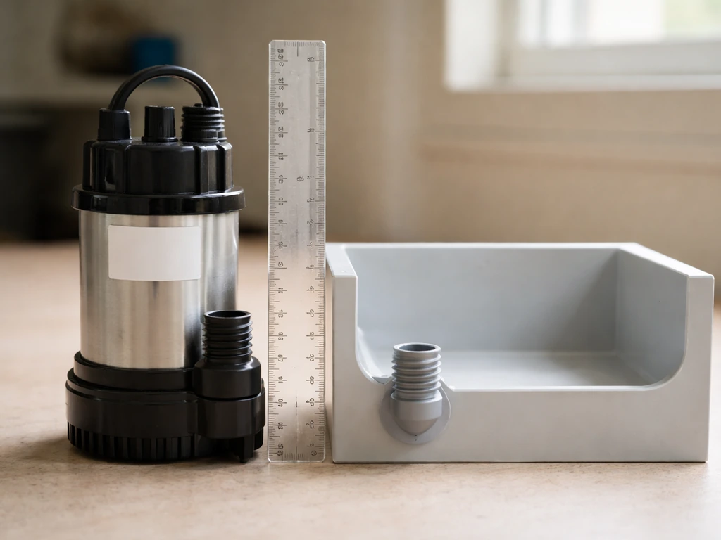 Submersible pump beside a ruler and small basin mockup to show pump height and flow fit considerations.
