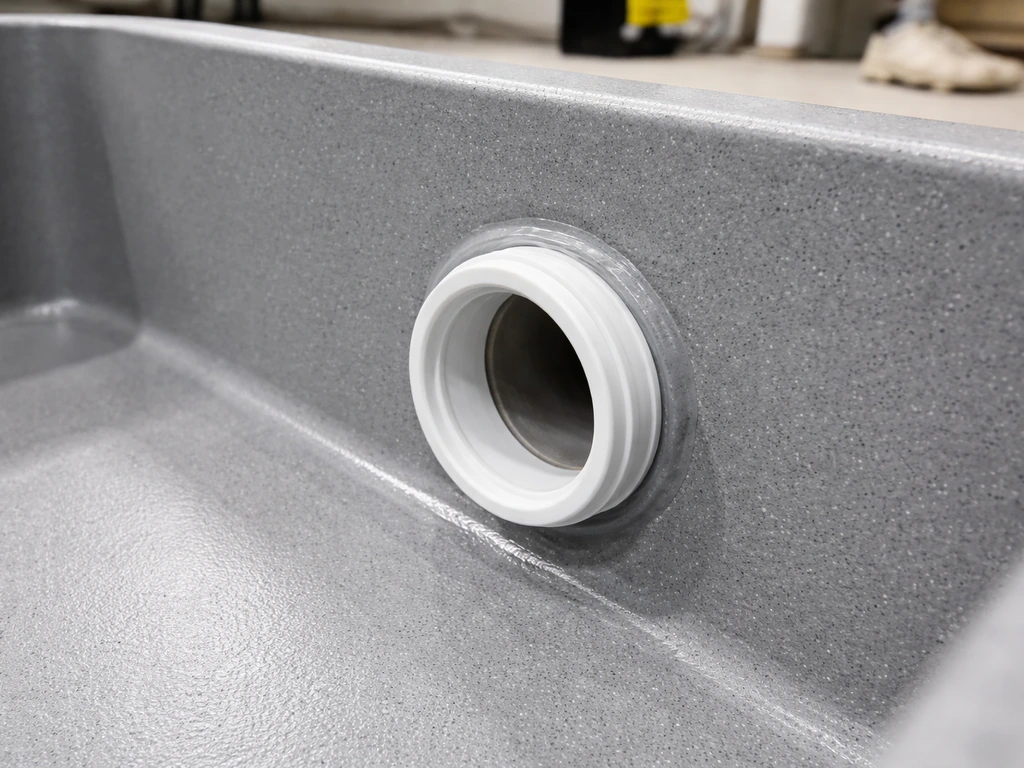Close-up of a sealed plumbing fitting penetration in a rigid waterproofing basin with sealant around the joint.