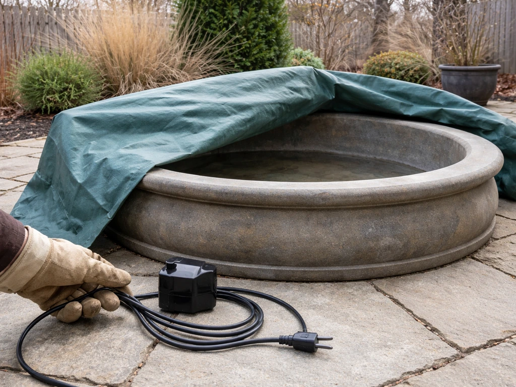 Empty patio fountain basin with an unplugged pump and cord, covered for winter.