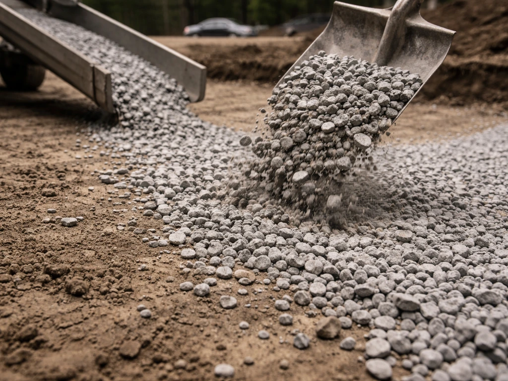 Hands-free view of 3/4-inch crusher run poured and spread for a compacted base