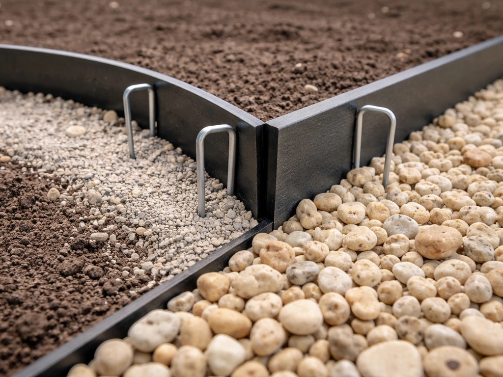 Close-up of installed edging with stakes holding back pea gravel at a patio perimeter.