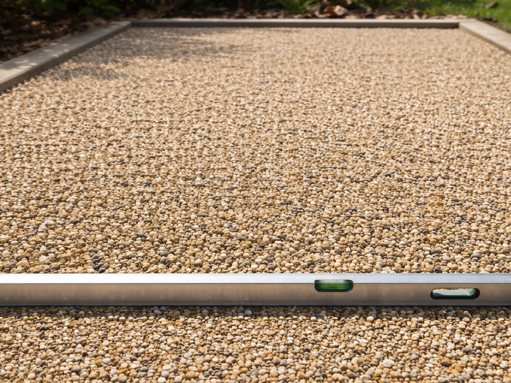 Minimal view of a finished pea gravel patio with a level tool checking smooth, even 2-inch depth.