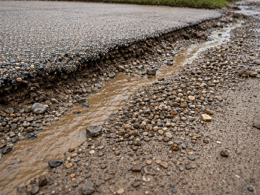 Ground-level view of gravel washed out into muddy streaks along a path edge after heavy rain