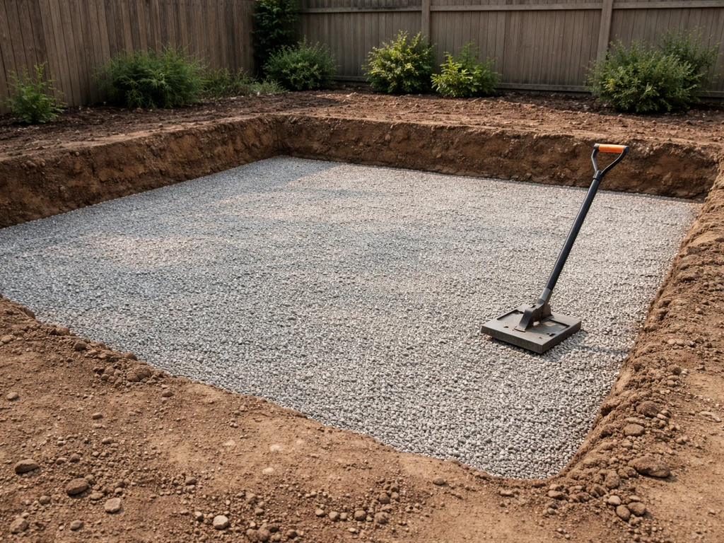 Excavated backyard build area with leveled gravel base for a raised patio, no people present.