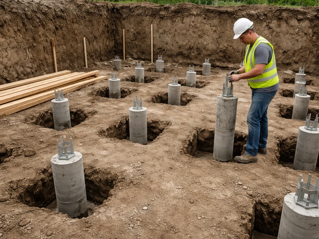 Worker installing concrete deck piers with post forms in a raised patio build area