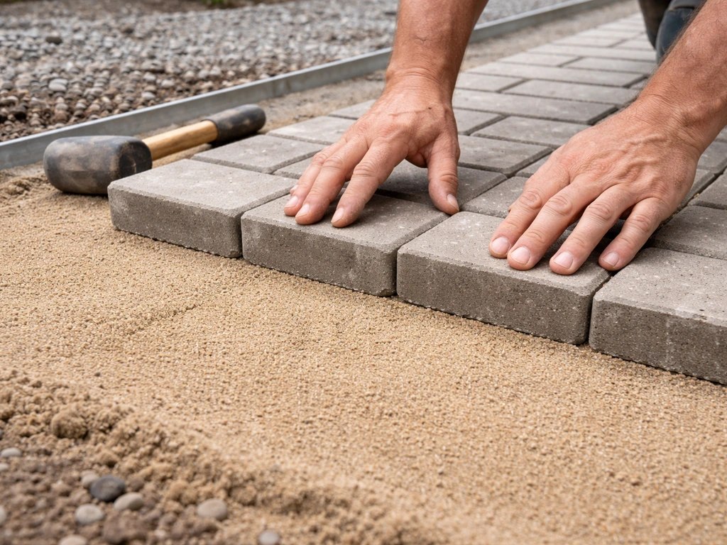 Worker aligning concrete pavers on a smooth sand bed with visible spacing along a straight edge