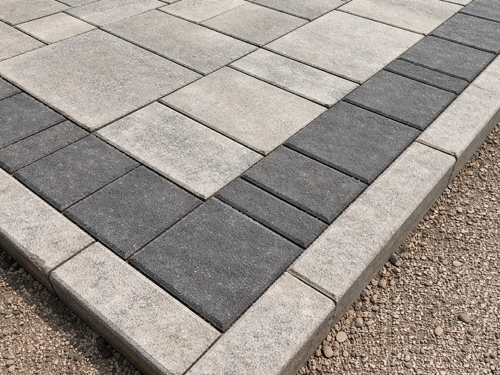 Close-up of a finished patio with contrasting paver soldier-course border and clean, straight edge lines.