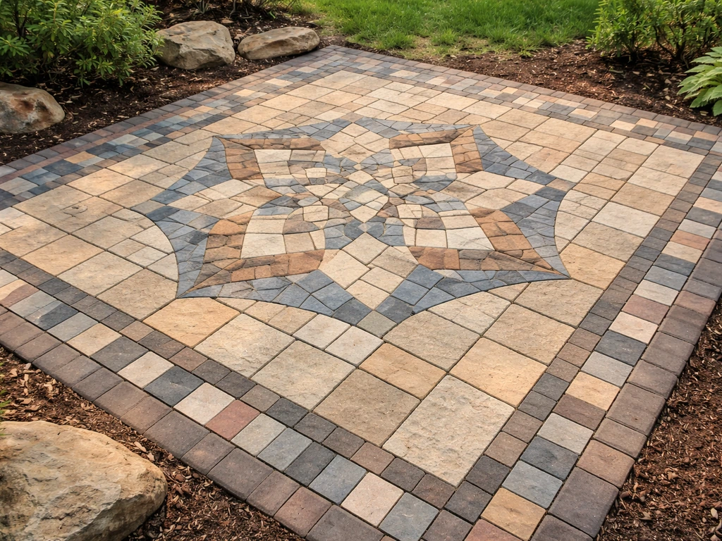 Finished outdoor mosaic patio with a crisp geometric pattern and border in warm daylight.