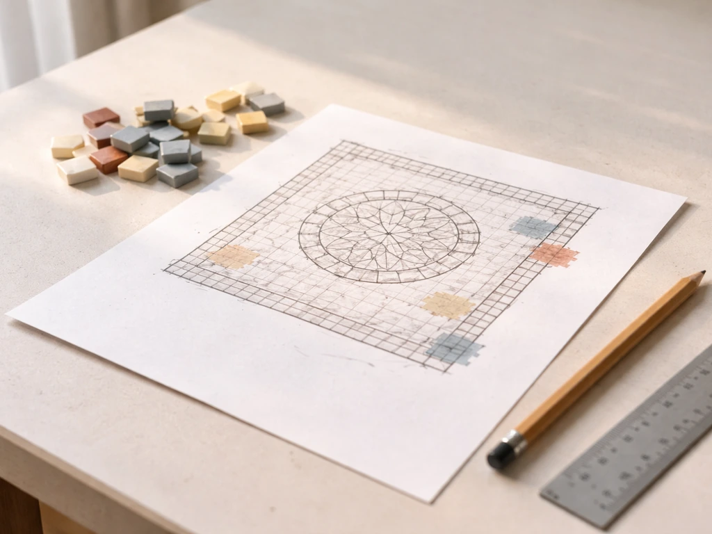 Close-up of a sketched mosaic patio layout with a border and central medallion, plus tiles and pencils