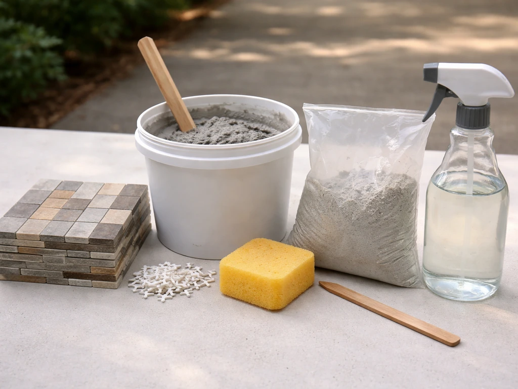 Side-by-side outdoor mosaic materials: low-absorption tiles, polymer-modified thinset, spacers, grout, and penetrating s