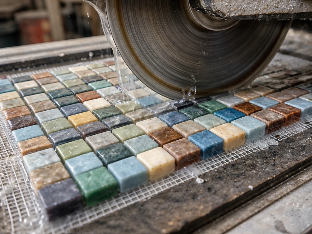 Wet saw blade cutting mesh-mounted mosaic tesserae with a clean cut and light water spray.
