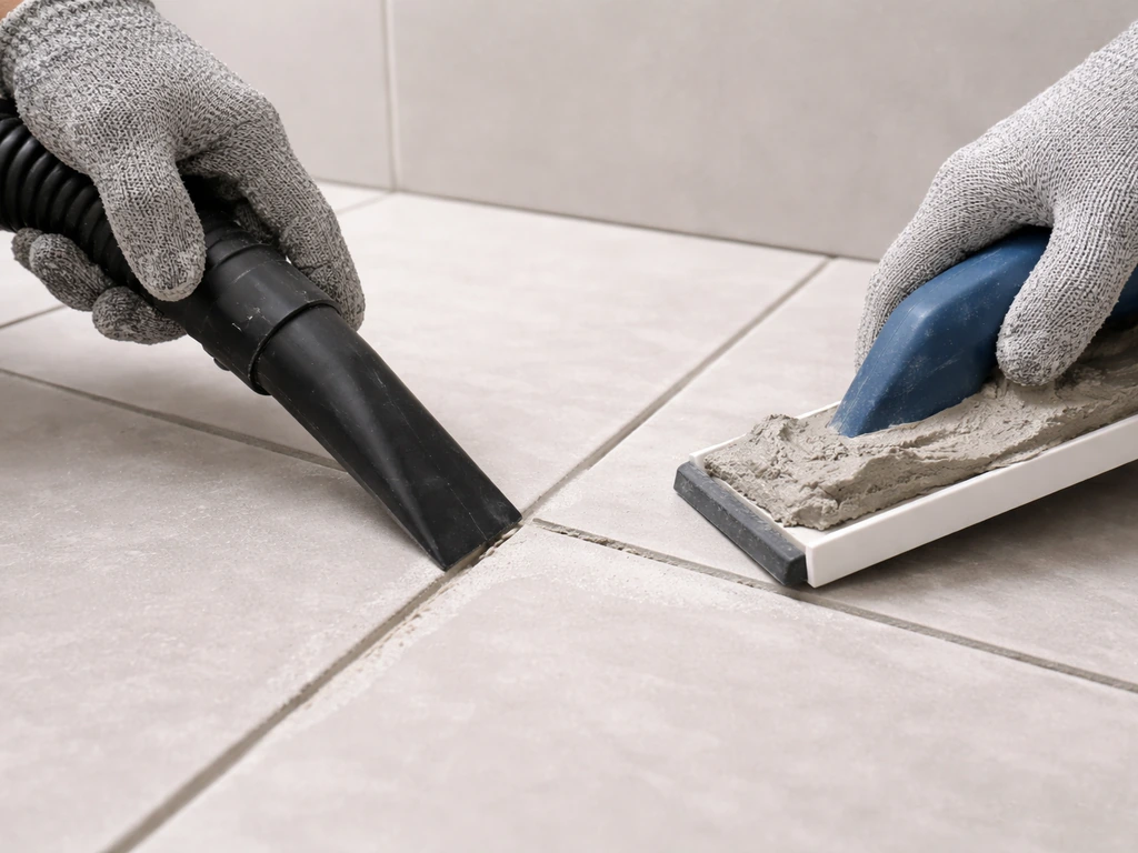 Gloved hands vacuum and grout-clean tile joints with a grout float and handheld vacuum nozzle.