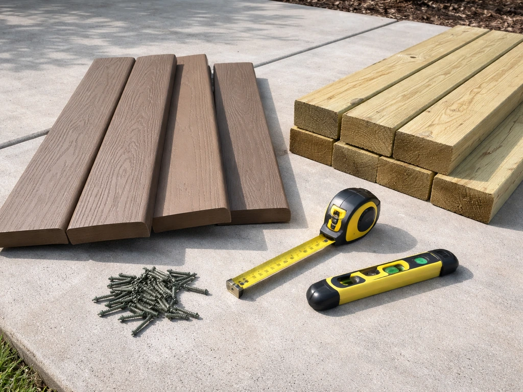 Composite decking boards, PT framing pieces, screws, tape measure, and a level laid out for step building.