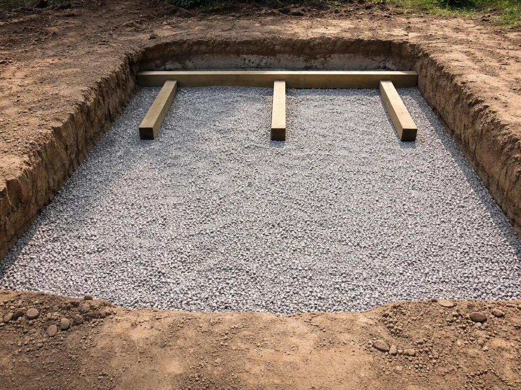 Excavated patio area with a compacted gravel base and slight drainage grade for raised step stringers.