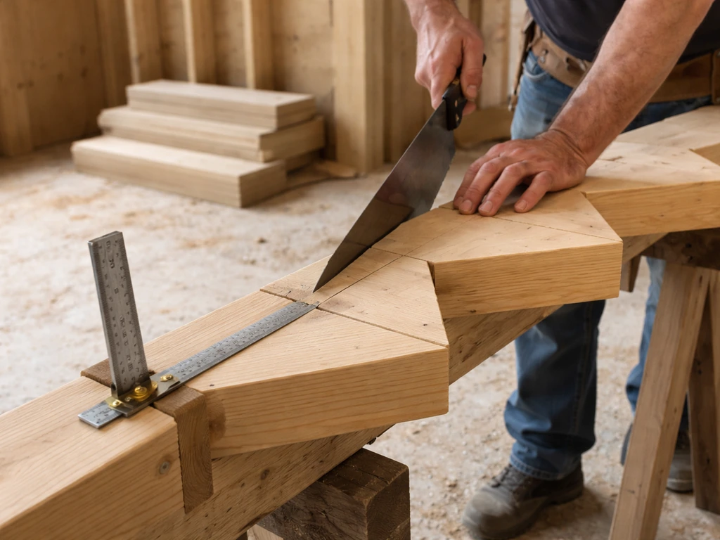 Carpenter cutting and test-fitting wooden straight stair stringers with stair-gauge marks