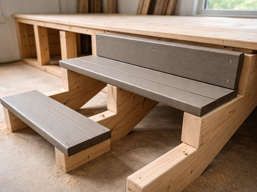Close-up of installed composite risers fastened to staircase stringers with visible stainless screws, treads ready.