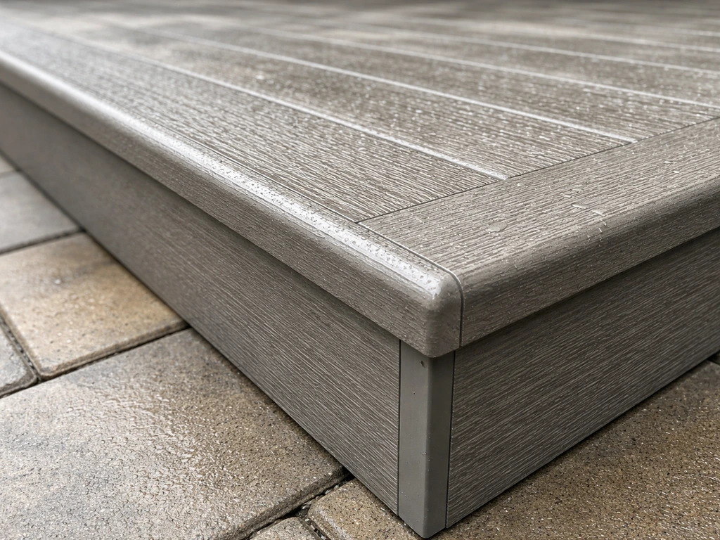 Close-up of a textured, non-slip outdoor composite step with tidy edge trim, slightly damp surface.