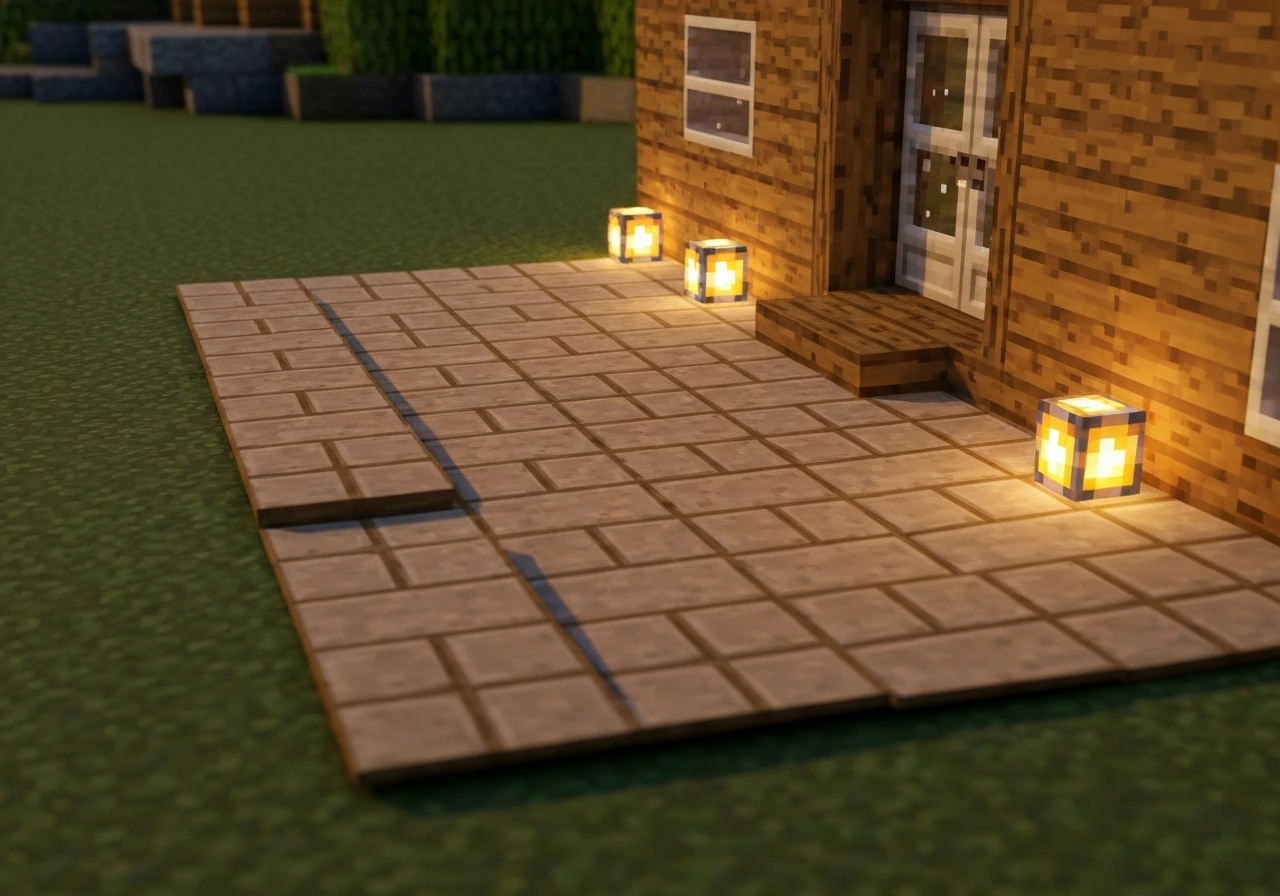 A finished blocky Minecraft-style patio outside a house with glowing lantern lighting and neat paved edges.
