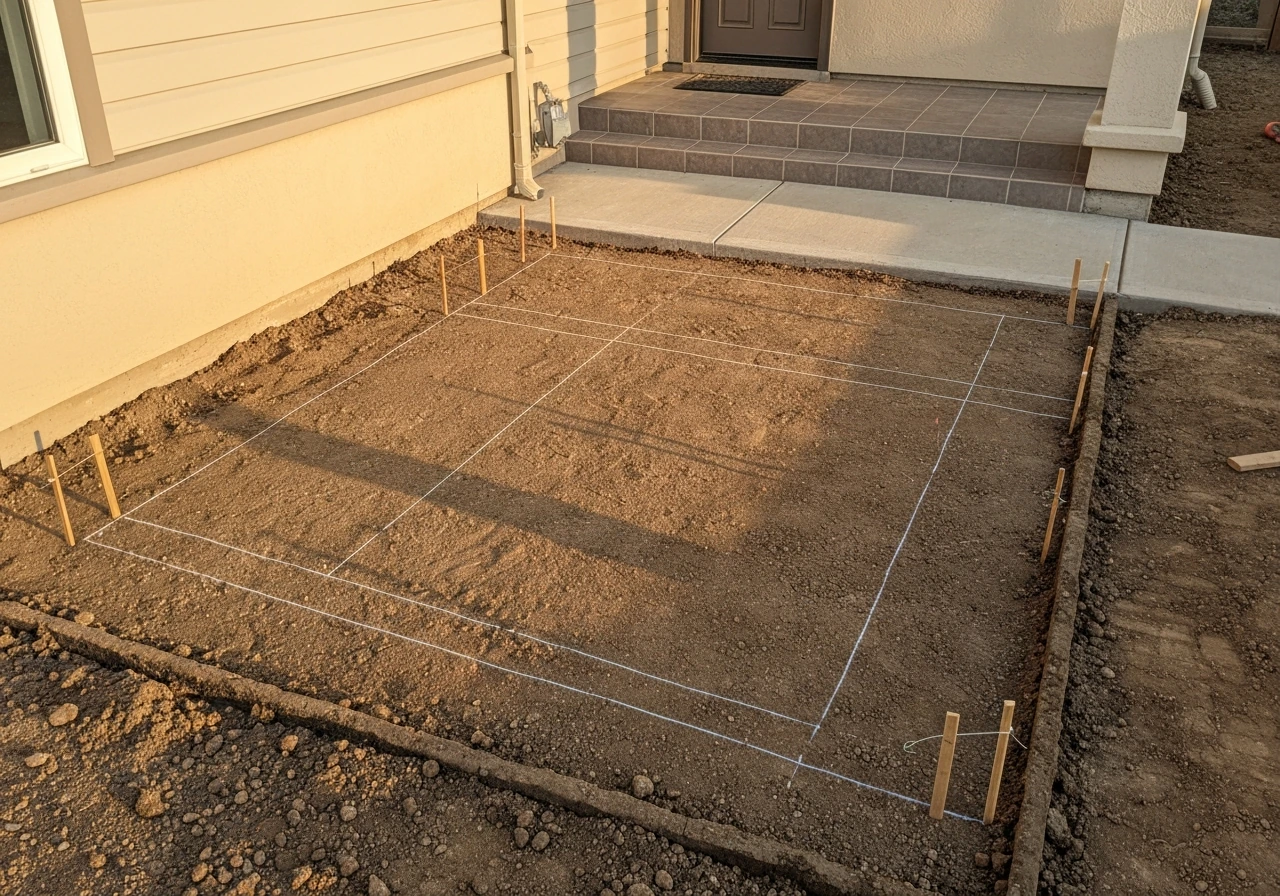 Cleared, leveled patio area just outside a house entrance with smooth dirt ground ready for landscaping.