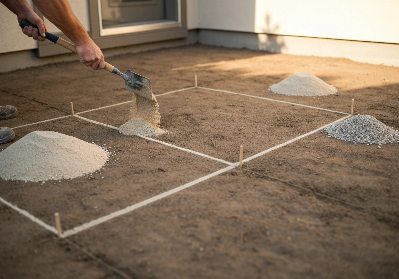 Sand and gravel corner piles mark a crisp rectangular patio outline on the ground before placing blocks.