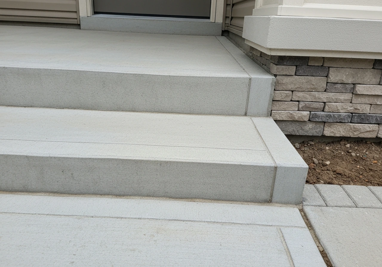 Close view of a house entrance threshold with steps, patio edge trim, and clean transition to outdoor level.