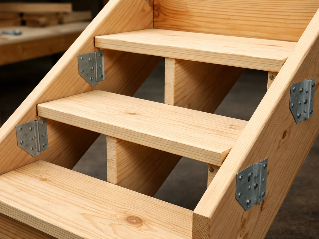 Wood stair components in a workshop: notched stringers with dry-fit treads and risers aligned for joining.