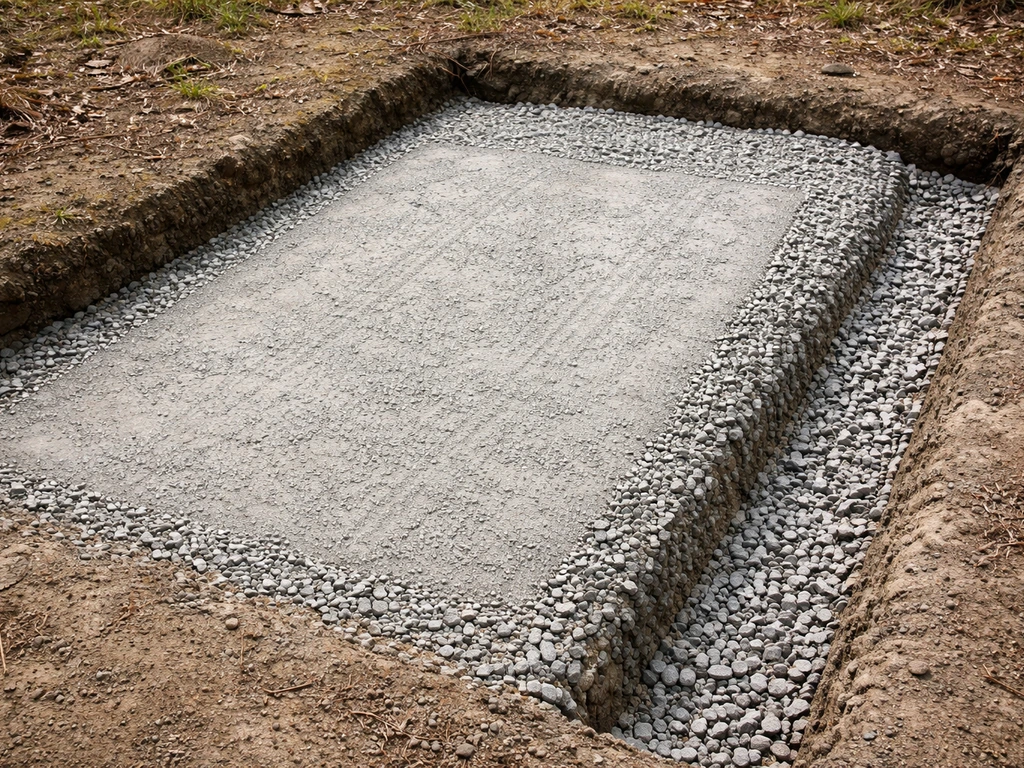 Close-up of compacted crushed stone base with a level pad and clear drainage space beneath a step stringer.