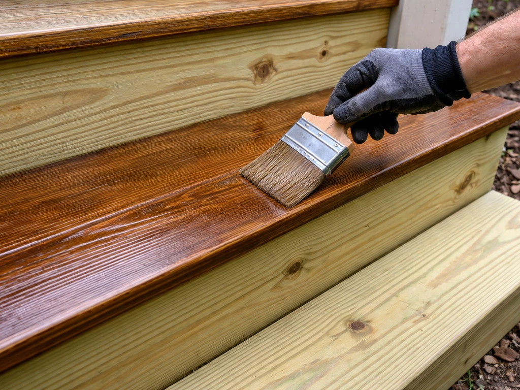 Gloved hand brushes penetrating exterior stain on PT wood stairs, showing wet dark finish on steps.