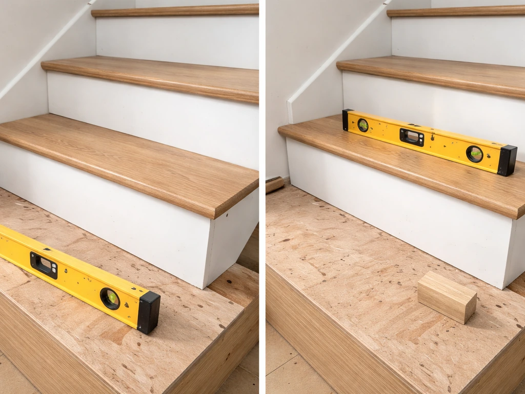 Two-step view of a staircase showing uneven riser misalignment next to corrected alignment with a level tool.