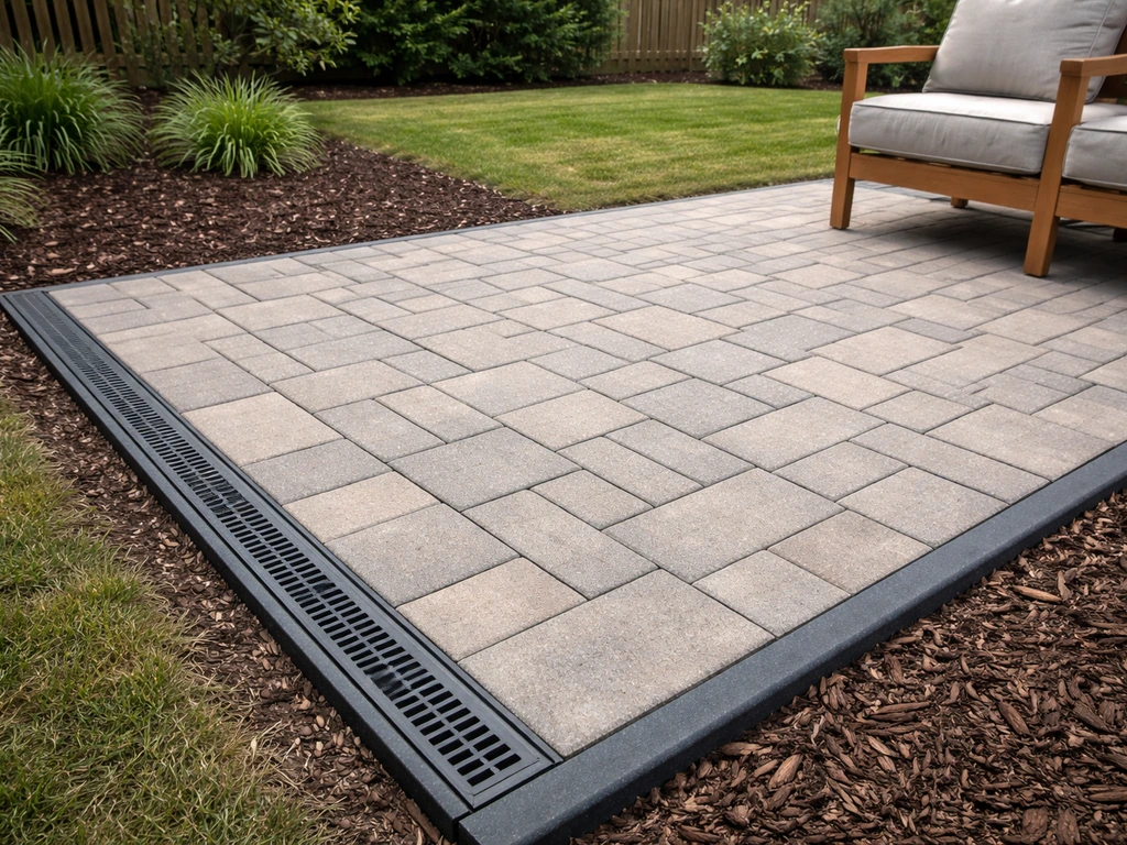Finished no-dig patio with neatly set pavers and edging, showing a level surface and drainage-ready base.