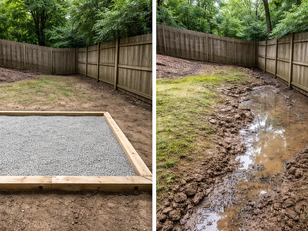 Two-part yard comparison: gentle-slope dry patio area vs steeper spot with pooled, damp drainage.