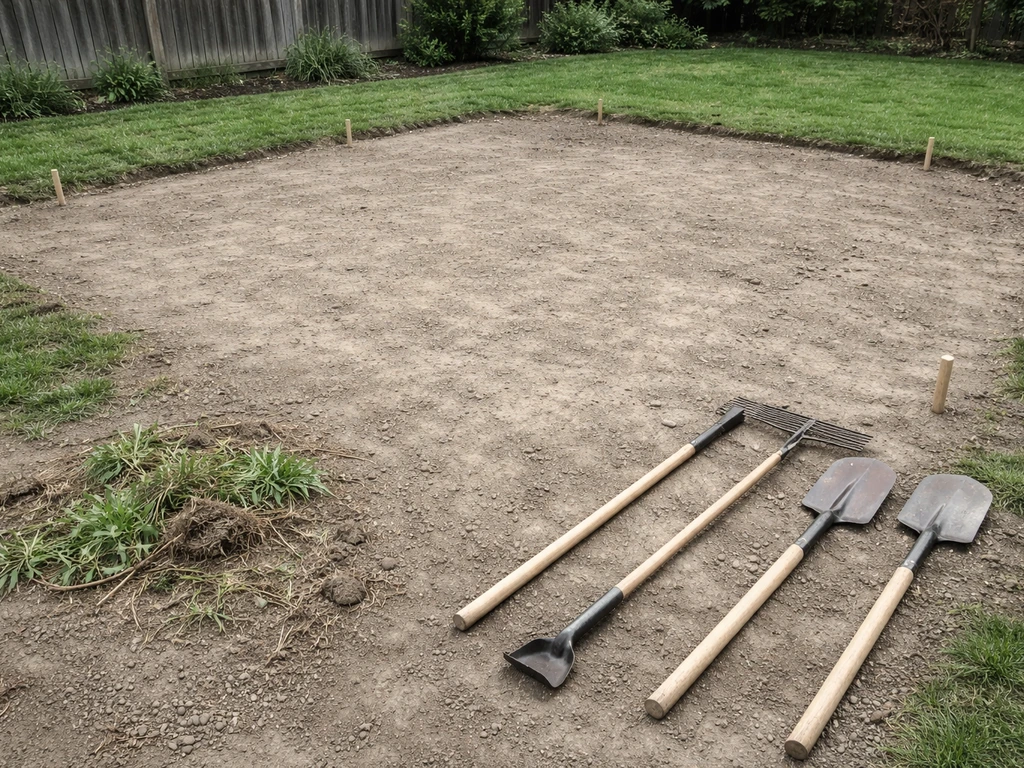 Cleared backyard patio footprint with weeds removed and tools on bare soil, ready for leveling and drainage
