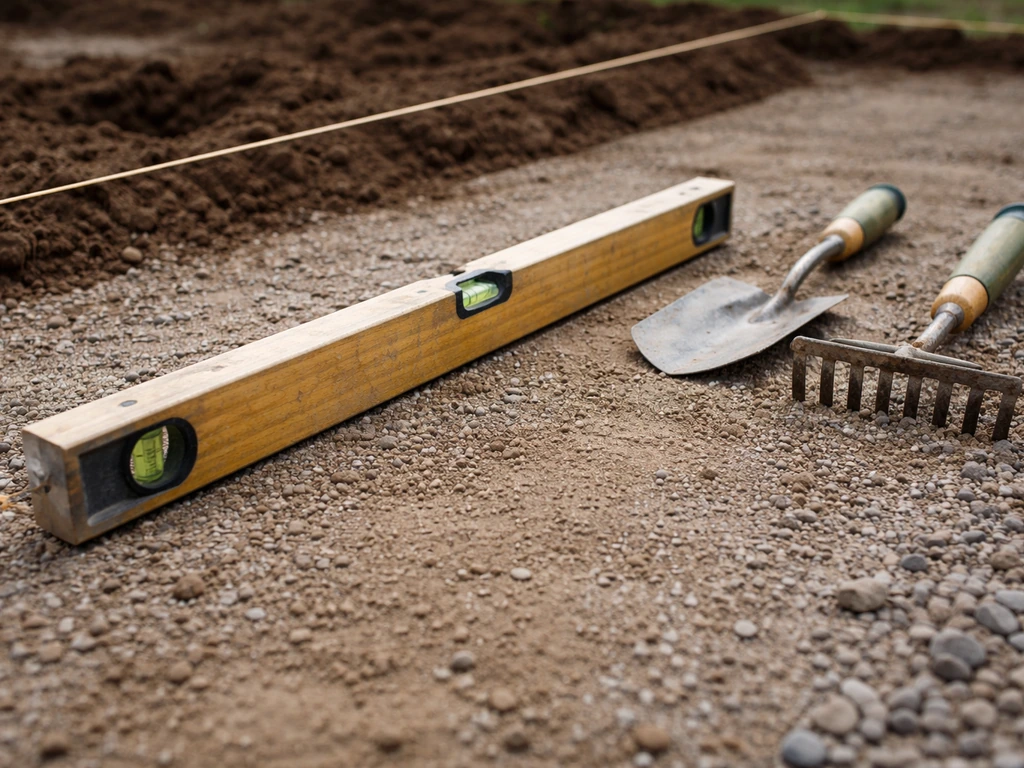 Close-up of a long level and taut string line on soil to set a patio drainage slope